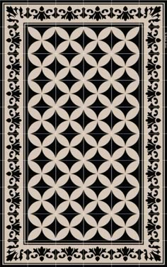 a black and white rug with an intricate design on the bottom, surrounded by smaller circles