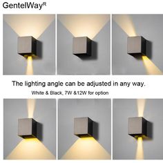 four different angles of a square light fixture on the wall with multiple lighting options to choose from