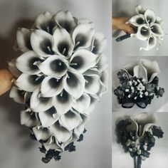 four different pictures of white flowers in black and white colors, with one being held by someone's hand