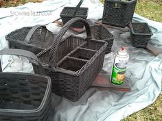 several different baskets are shown on a blanket