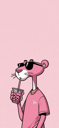 a pink rat holding a drink and wearing sunglasses