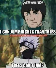 two anime characters with caption that reads, i can jump higher than trees trees can't jump