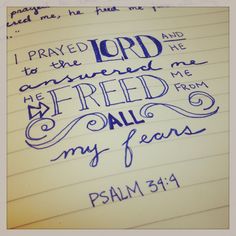 a handwritten note with the words i pray to the lord and he answered me as red all my fear