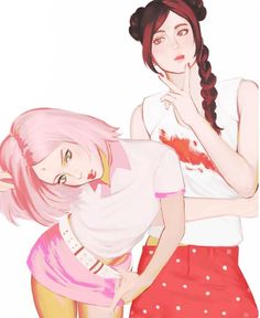 two girls with pink hair are standing next to each other and one has her hand on her face