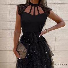 Lasaky - Black Fashion Sheer Mesh Dress with Scarf Collar and Waist Short Skirt Dress With Scarf, Sheer Mesh Dress, Princess Sleeves, Skirt And Top, High Neck Long Sleeve, Long Sleeve Bodycon, Short Skirt, Types Of Skirts, Mesh Dress