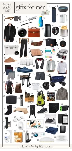 a poster with many different items and words on the back ground, including shoes, bags,