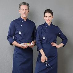 Chef Uniforms Long-sleeved Men and Women Hotel Canteen Work Clothes Cake Baker Kitchen Work Uniforms Chef Jacket and Apron, Men's, Size:Medium, Blue Size: M. Bartender Uniform, Baker Kitchen, Bakers Kitchen, Chef Jackets, Chef Uniform