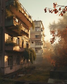 an old building with balconies and plants growing on it