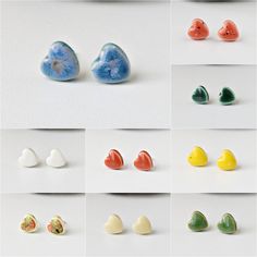 Small ceramic heart shaped earrings with 925 sterling silver posts. Simple and cheap colorful studs for every day. Unique handmade ceramic jewelry. Gift for her Silver or silicone snap butterfly closure. Size: 9 x 9 x 3mm. COLORS - Blue - Red - White - Beige - Yellow - Green - Dark green - Apple green - Red with black and white speckles ELABORATION Each ceramic piece is carefully modeled with white clay and hand painted with special ceramic glazes. Two firings of up to 1200 º C are necessary in Ceramic Kiln, Handmade Ceramic Jewelry, Ceramic Glazes, Ceramic Heart, Heart Shaped Earrings, Heart Stud Earrings, Earrings Simple, Ceramic Jewelry, White Clay