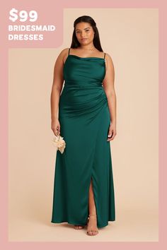 a woman in a green dress with the words $ 99 bridesmaid dresses on it