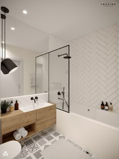 a bathroom with white walls and black accents