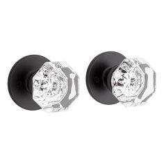 pair of crystal door knobs with black finish and chrome plated handles on white background