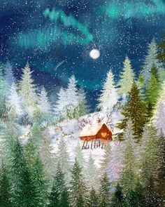 a painting of a cabin in the woods with an aurora light above it and snow falling on the ground