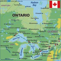 a map of ontario with the capital and major cities on it's sides, including canada