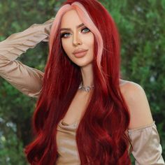 Super Cute And Stylish Ships In 5-10 Business Days Pink Skunk Stripe, Wine Red Wig, Synthetic Curly Hair, Skunk Stripe, Red Wig, Wavy Wigs, Bright Red Hair, Wigs Synthetic