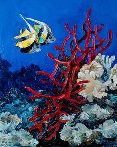 a painting of an ocean scene with fish and corals