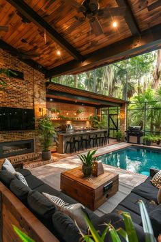 an outdoor living area with a pool and patio furniture