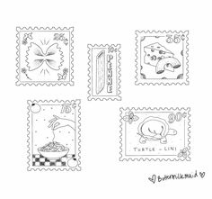 four stamps with pictures of animals and flowers on them, one is drawn in black ink