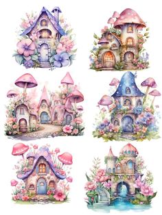 four watercolor illustrations of fairy houses with flowers and mushrooms on the roof, in different stages