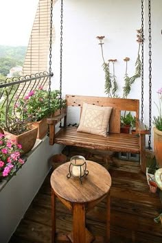 two pictures of a porch with flowers and plants on the balcony, one is empty