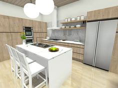 a modern kitchen with white counter tops and wooden cabinets, along with an island in the middle