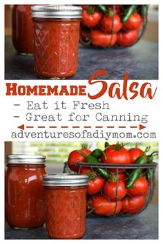 homemade salsa with tomatoes in the background and text overlay that reads, homemade salsa eat it fresh great for canning adventures