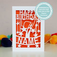 an orange birthday card with the number seven on it and a white border around it