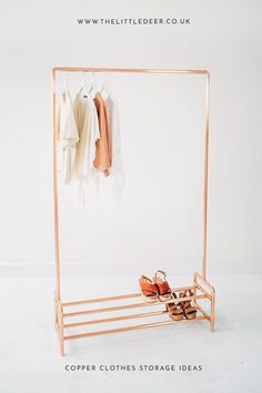 Our cute copper pipe clothing rail with shoe rack will complement your home interior, shop for retail display, or studio. 
Perfect for those tight on storage space, this slim clothes rail will fit into the smallest of spaces. Place baskets, boxes or shoes on the bottom shelves for extra storage.
Designed and made using 100% real copper by us. Small Space Wardrobe, Wardrobe Clothing, Interior Shop, Clothes Rail, Wardrobe Outfits, Traditional Clothes