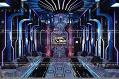 the interior of a futuristic looking restaurant with blue and red lines on the walls, black booths, and tables