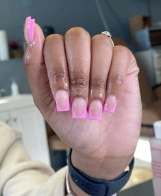 Pink Short French Tip Nails, Drippy Nails, Pink Tip Nails, Gel Toe Nails, Tapered Square Nails, Acrylic Toes, Blue Acrylic Nails, Drip Nails