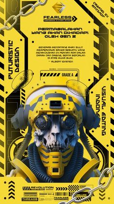 a yellow and black poster with an image of a man in a helmet on it