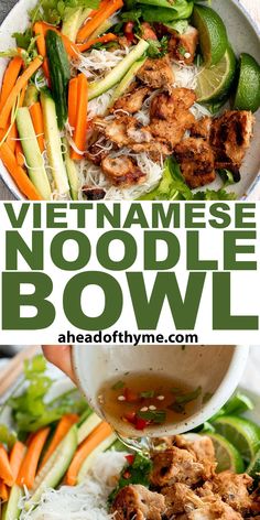 vietnamese noodle bowl with carrots, cucumbers and noodles