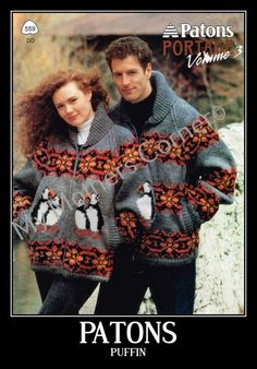 two people wearing sweaters with penguins on them and the words patons written below