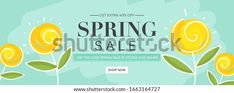 spring sale banner with yellow flowers and green leaves on blue background, flat lay style