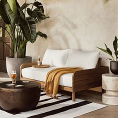 a living room filled with lots of plants next to a white couch and coffee table