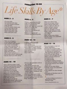 a poster with the words life skills by age written on it