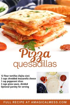 an advertisement for pizza quesadillas on a plate with bread and sauces