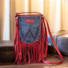 Red In Color Pu Leather Zipper Lining Leather Wrangler Pocket Crossbody Purse For Western Lifestyle. Boho Fringe Cross Body Purse Adopts The Signature Wrangler Jeans Hip-Pocket. Western Purse Is Crafted From A Denim And Vegan Leather Body, 100% Genuine Leather Fringe Crossbody Bag Measures 0.5"D X 7"W X 8.2"H (Adjustable Strap: 22"-25.5" Drop). Country Purse Includes A Side Zippered Pocket And An Open Pocket, A Zippered Pocket On The Back. As Always, I Ship Out The Same Or Next Day :) New To Pos Restyle Old Clothes, Thrifted Bags, Fringe Handbags Purses, Upcycle Denim, Fringe Crossbody Purse, Leather Fringe Purse, Hip Purse, Embellished Purses, Denim Fringe