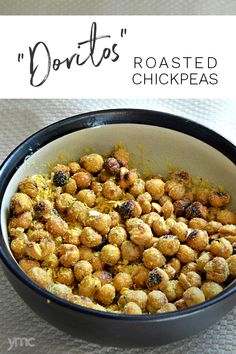 roasted chickpeas in a black bowl with the words, dorito's roasted chicken