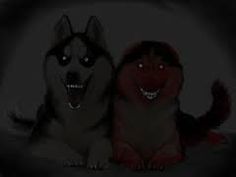 two dogs sitting next to each other in front of a black background with red eyes