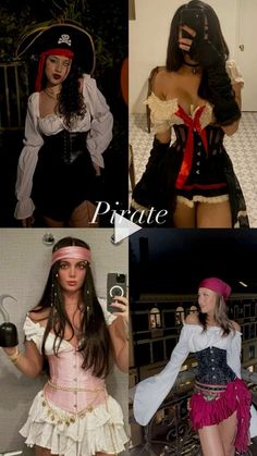 four different pictures of women dressed in pirate costumes, one wearing a hat and the other holding a camera