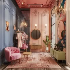 a room with pink furniture and mirrors on the walls