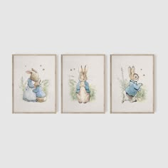 three paintings of rabbits in blue and white