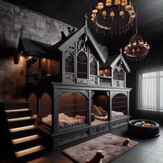 a bunk bed in the shape of a doll house with stairs and lights hanging from the ceiling