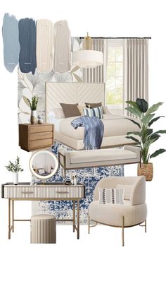 Mooodboar, texturas, cama, dormitorio, cuarto, tonos neutros, azules, moderno, tendencia Beige And Blue Room Bedrooms, Beige Color Palette Bedroom, Beige And Blue, Blue And Beige Bedroom, Blue Interior Design, Studio Apartment Design, Bakery Design Interior, Brown Rooms, Interior Design Your Home