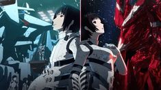 two anime characters standing next to each other in front of a space station with red and blue lights