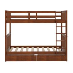 a wooden bunk bed with two drawers and a ladder on the bottom level, against a white background