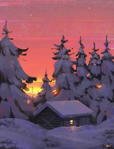 a painting of snow covered trees and a cabin in the distance at sunset or dawn