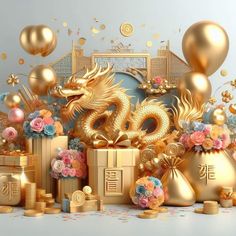 gold decorations and balloons are on the table