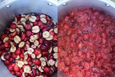 cranberries and bananas are mixed together in a pot